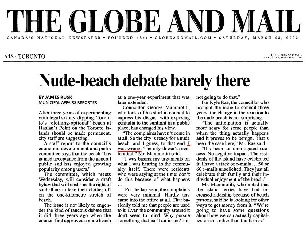 Globe & Mail 2002-03-23 - City Staff favour making Hanlan's Point CO-zone permanent
